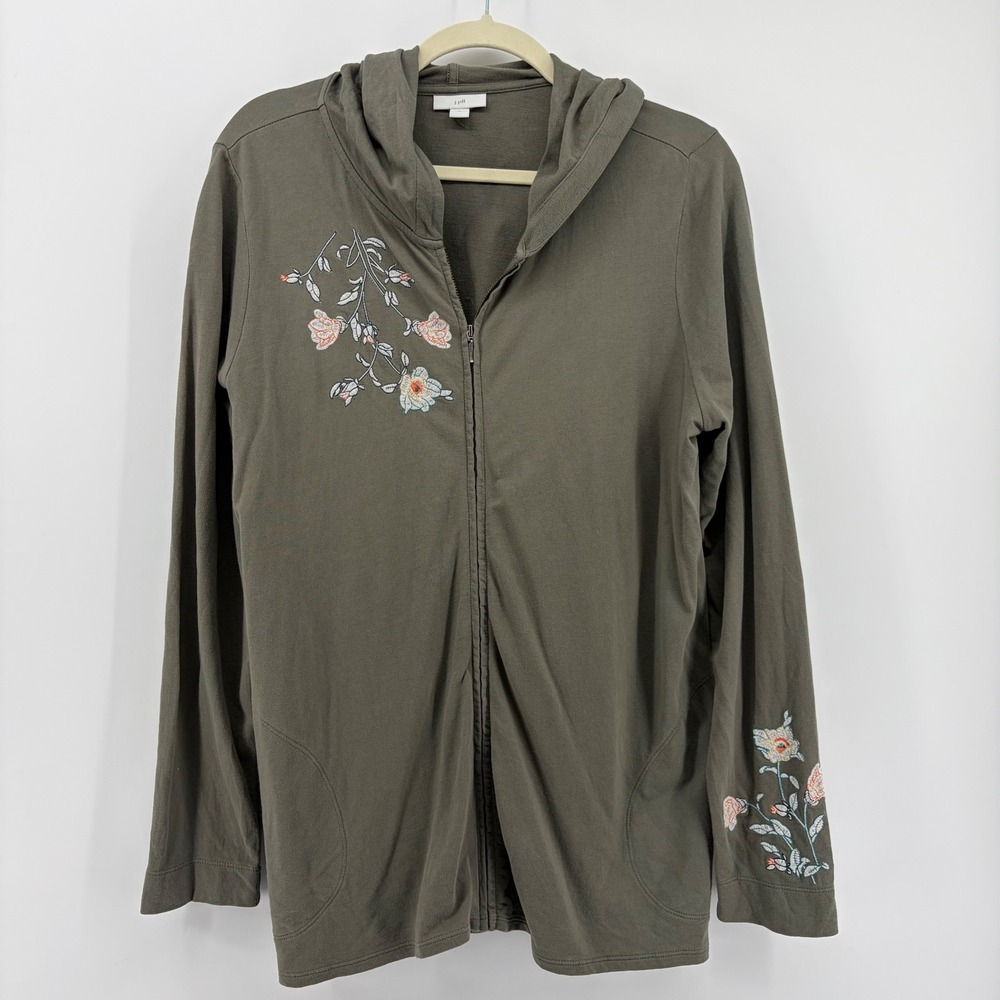 J Jill Olive Green Floral Embroidered Zip Up Hoodie Long Sleeve Women Size M